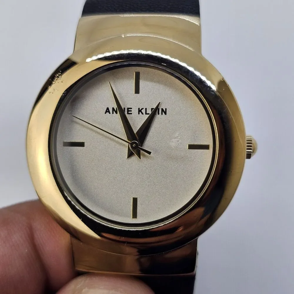 Anne Klein Women's Watch 36MM Gold Dial Black Leather Band‎ Straps New Battery